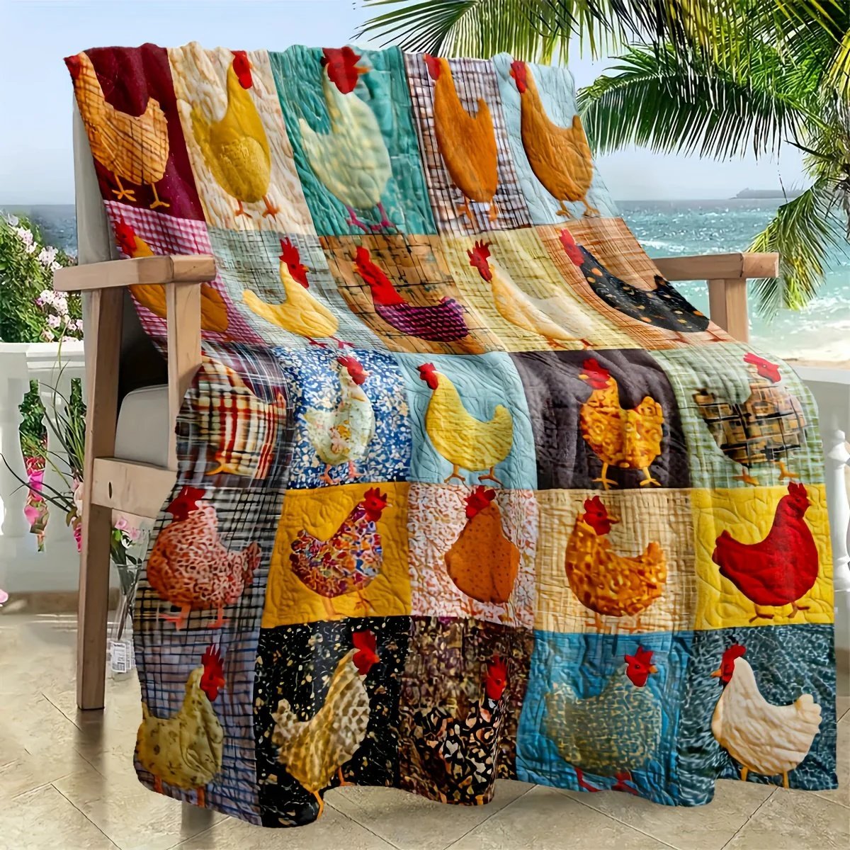 💥🌲🎁Vintage Chicken Print Flannel Blanket🐔