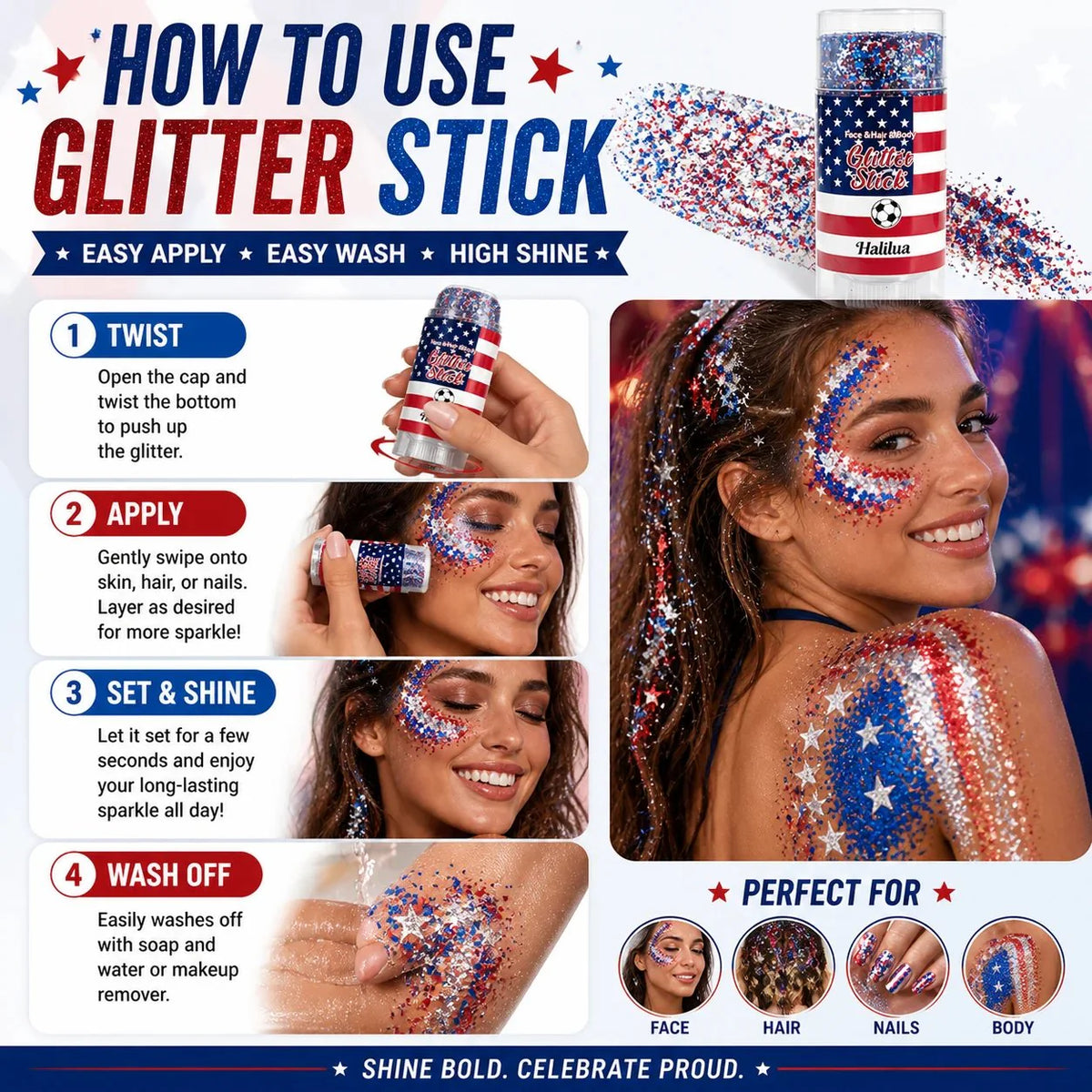 🎁LAST DAY 50% OFF-🦅4th of July Glitter Stick✨🔔Red, White & Blue Body & Hair Sparkle