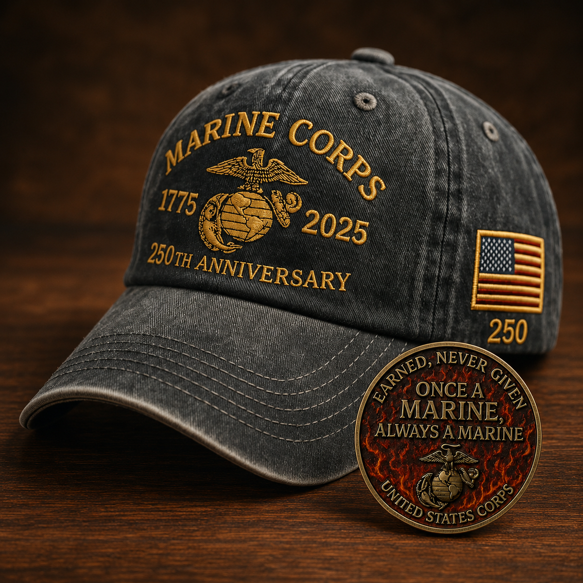 250th USMC Retro Embroidered Cover🎁 Free Honor Coin With Every Cap Purchase