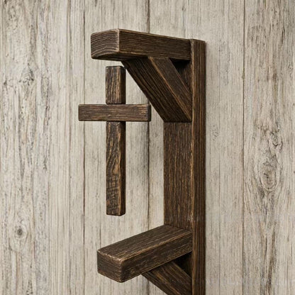 ✝️ Rustic Floating Wooden Cross Wall Shelf