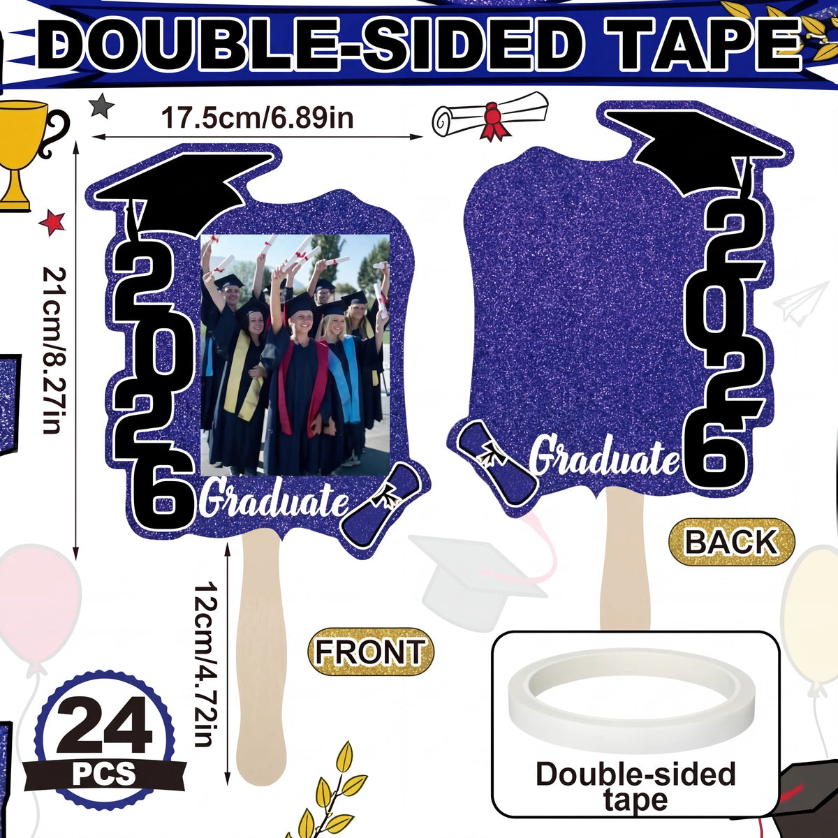 Class of 2026 Graduation Fans with Handle | Double Sided DIY Grad Photo Props