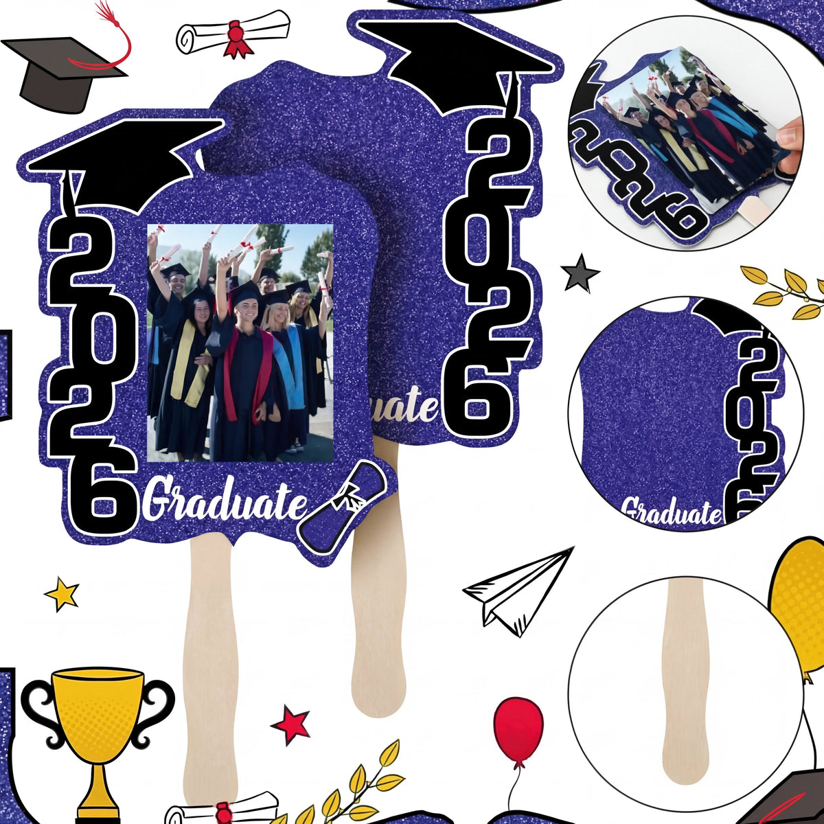 Class of 2026 Graduation Fans with Handle | Double Sided DIY Grad Photo Props