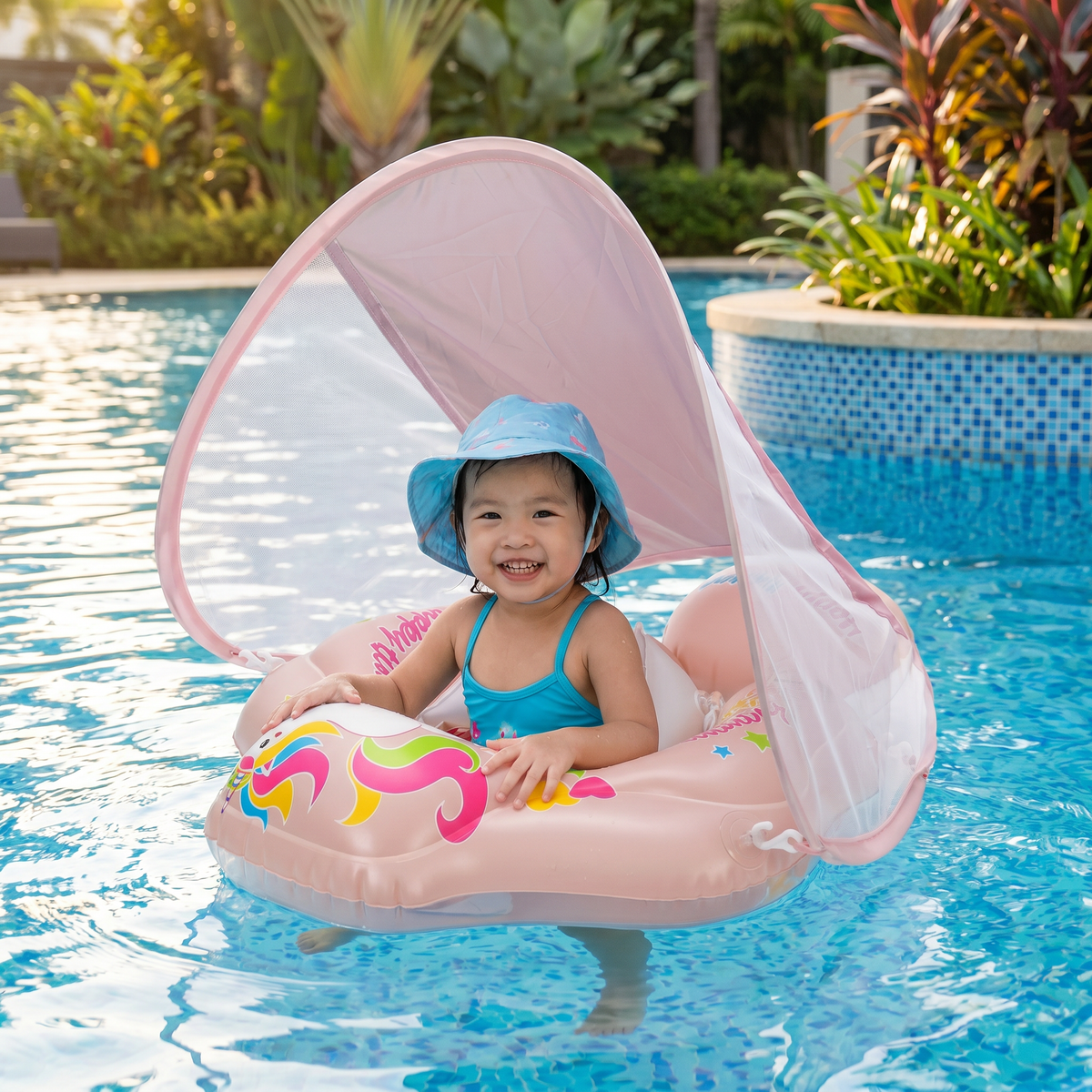 Baby Swim Float with Sun Canopy – Inflatable Infant Swimming Ring for Safe Water Fun