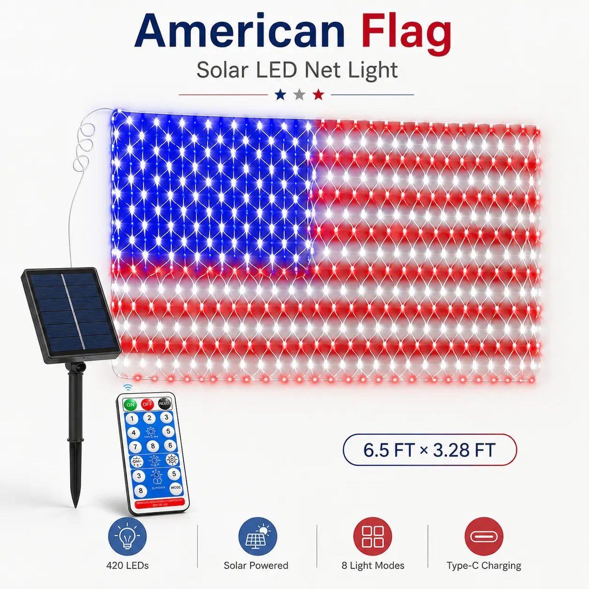 💙 Land of the Free Glow ✨ 49% OFF-Solar American Flag Net Lights