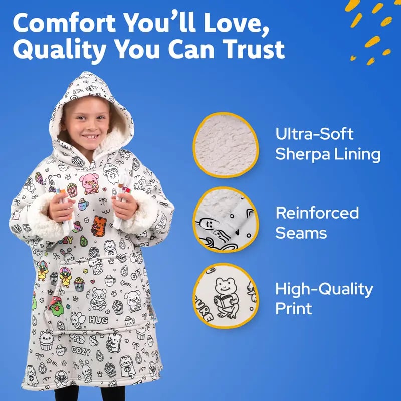 🎨🖌️Cozy Companions Color-Your-Own Blanket Hoodie With 24 Permanent Fabric Makers